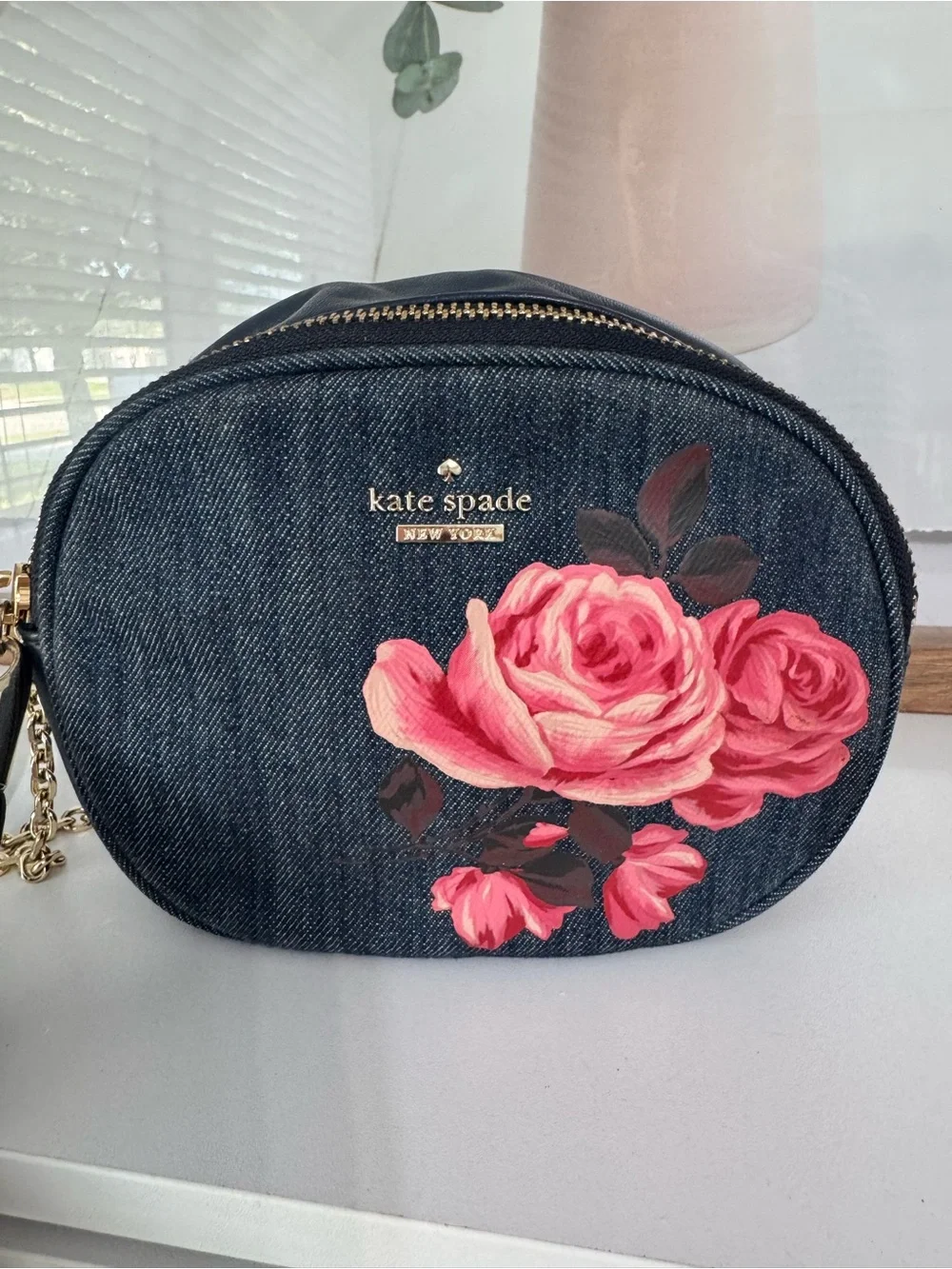 kate spade Black Denim Crossbody with Pink Floral Print and Tassel